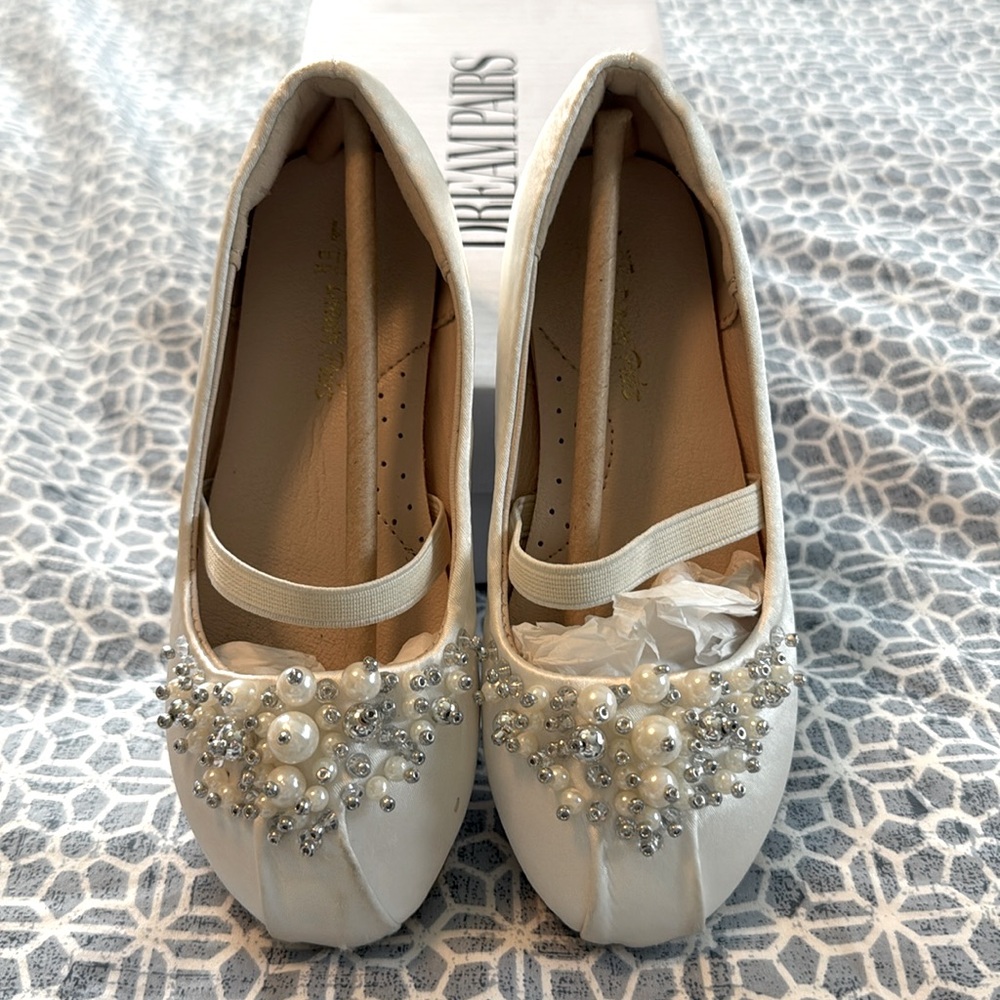 Girlsls ivory embellished ballet flats, flower girl shoes  (size 11)